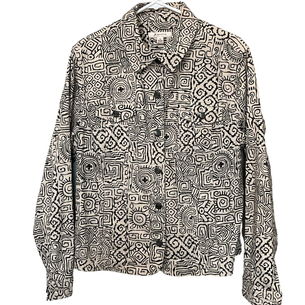 JM Collection Women’s Jacket Sz 14 Geometric‎ Black/ Cream Cotton/Spandex
